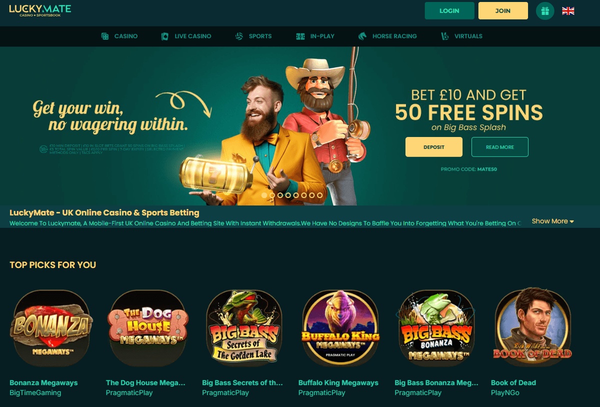 LuckyMate online casino's homepage in the UK with deposit bonus and game top picks